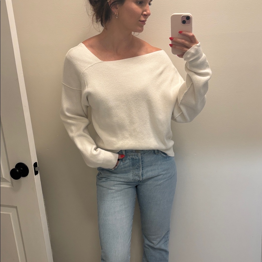 Line & Dot Off-the-Shoulder Sweater in Cream